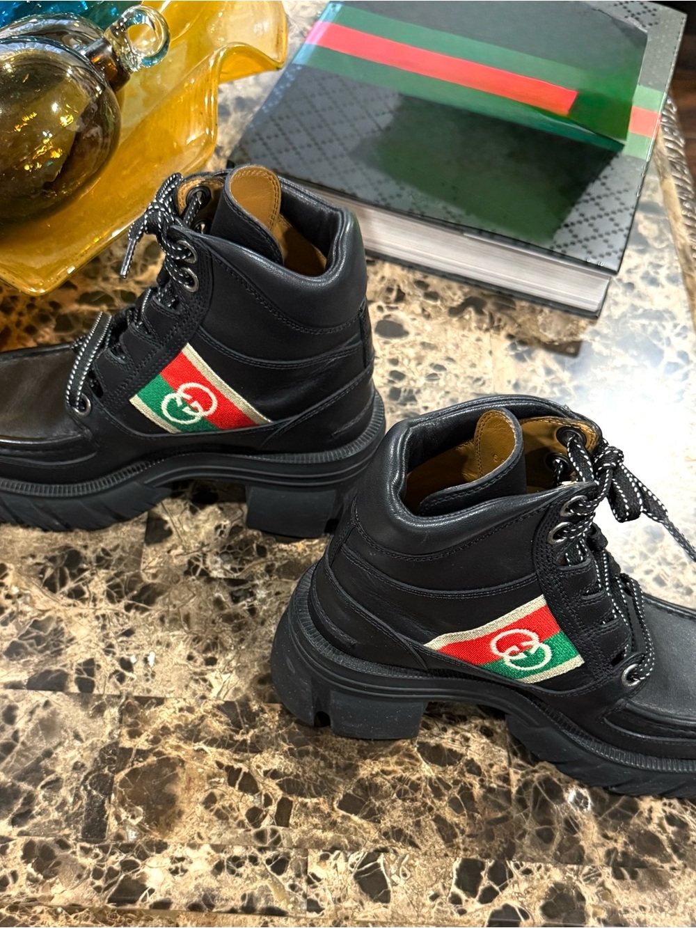 Gucci Black Leather Lace-Up Ankle Boots with Red & Green Web - Picture 3 of 7